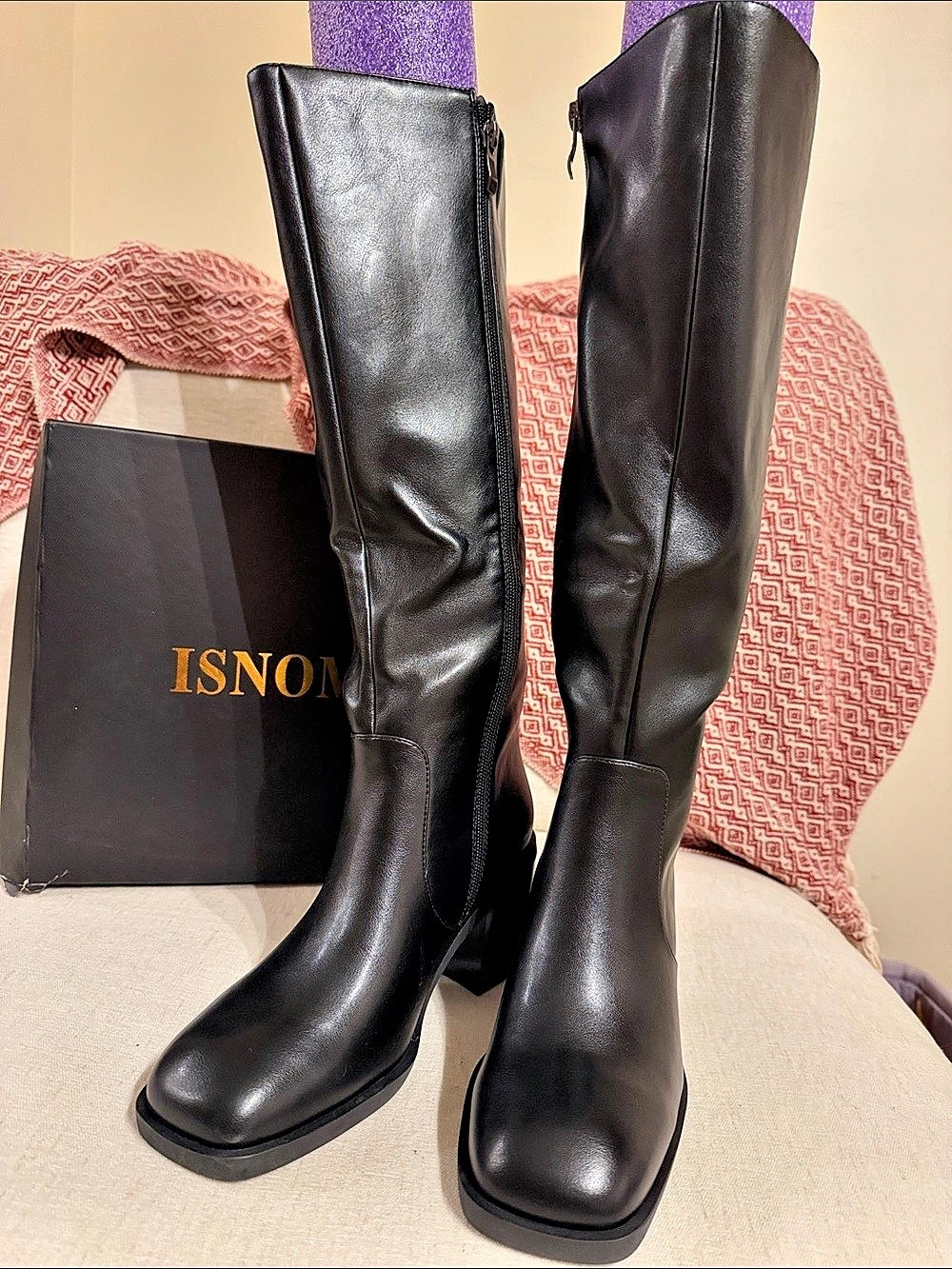 ISNOM Women's Knee High Boots Square Toe Chunky Block Heel Side Zipper Knee High